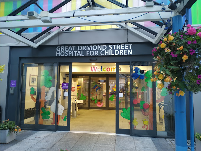 Entrance to Great Ormond Street Hospital for Children with colorful cartoon animal and plant decorations on glass doors and a hanging flower basket on the side.