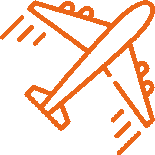 Black and white outline icon of an airplane flying with motion lines.